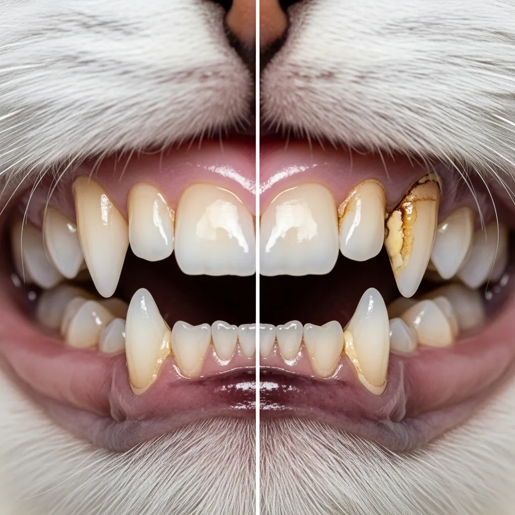 Healthy clean cat teeth and pink gums"; "Cat with dental plaque and tartar buildup"; "Before and after cat dental health comparison.