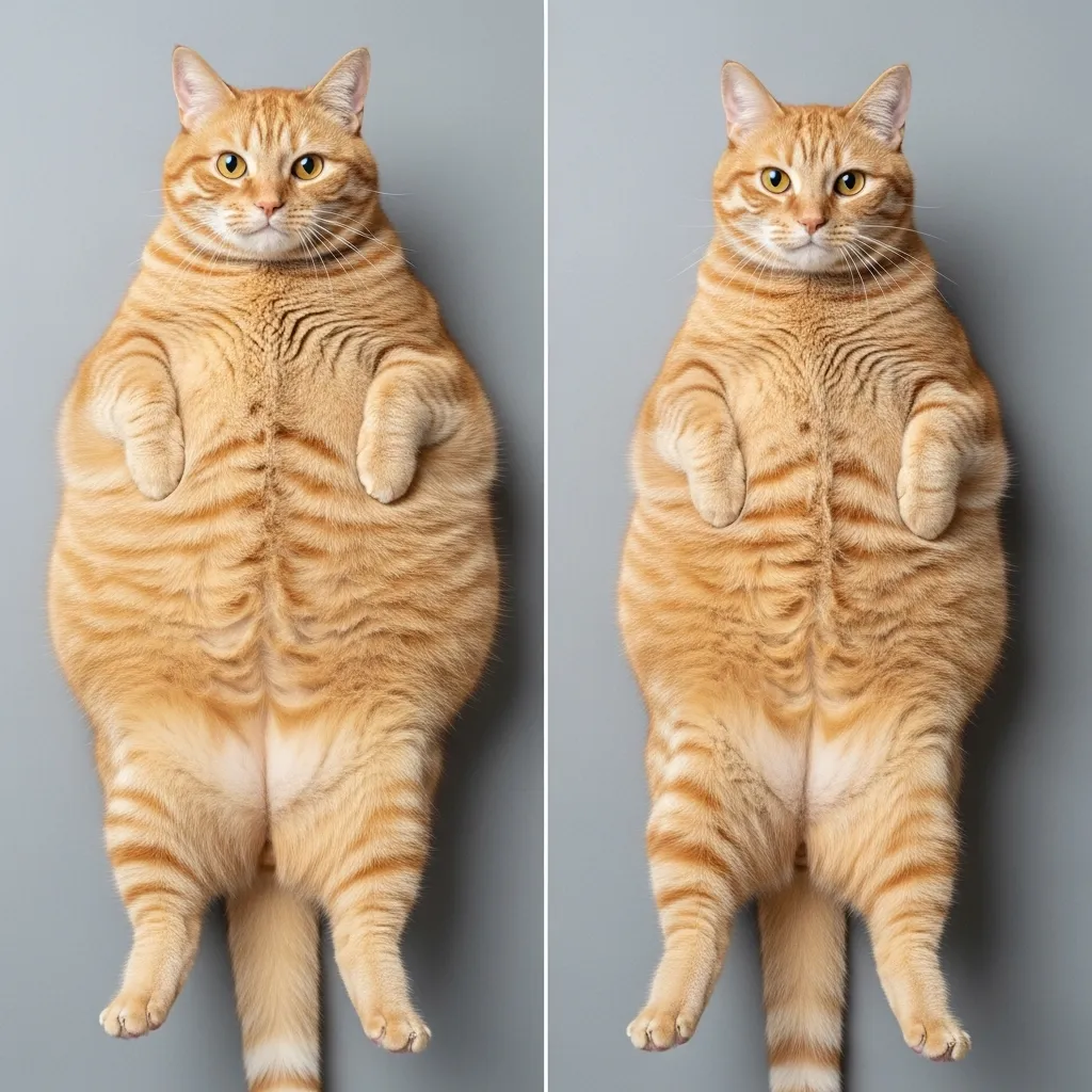 Overweight cat with no visible waist"; "Healthy weight cat showing tucked abdomen and ribs felt easily"; "Body condition score chart for cats.