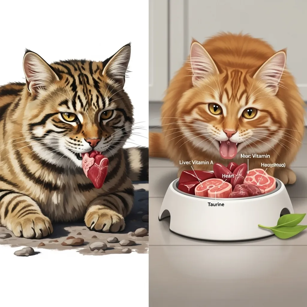 Comparison of wild cat diet (whole prey including organs) vs. balanced domestic cat food with nutrient-rich ingredients.