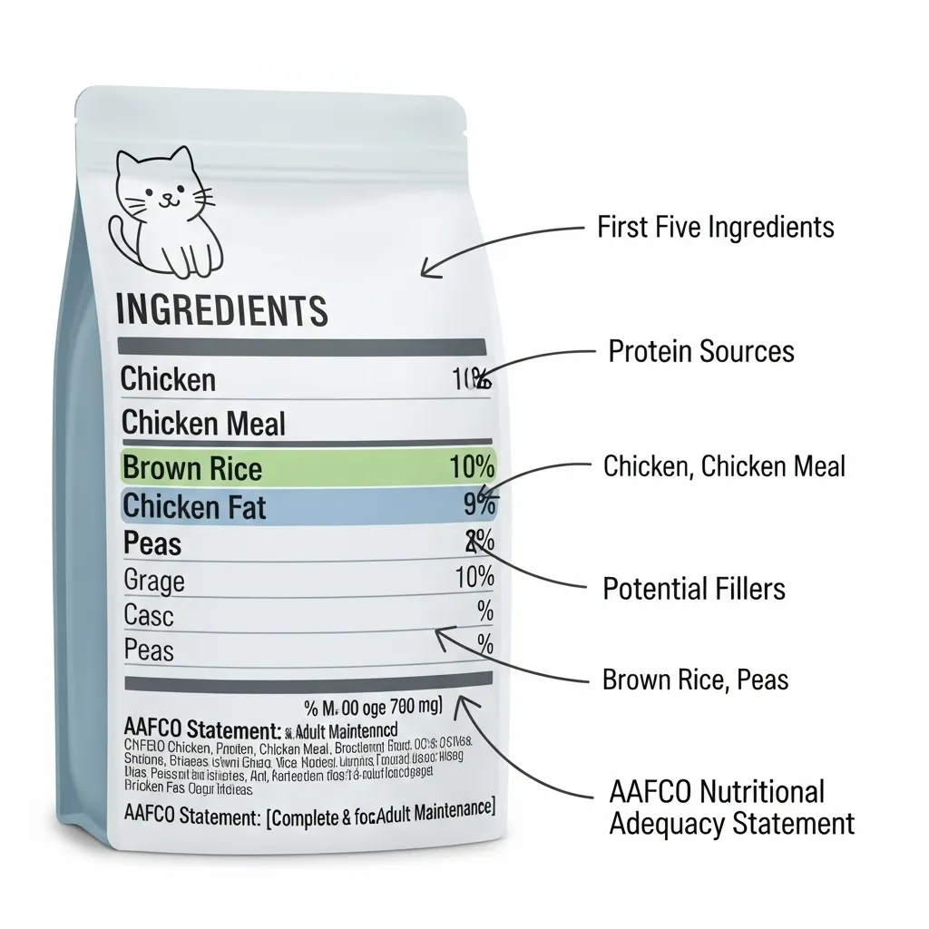 Infographic breaking down a cat food label to highlight common ingredients and what to look for.