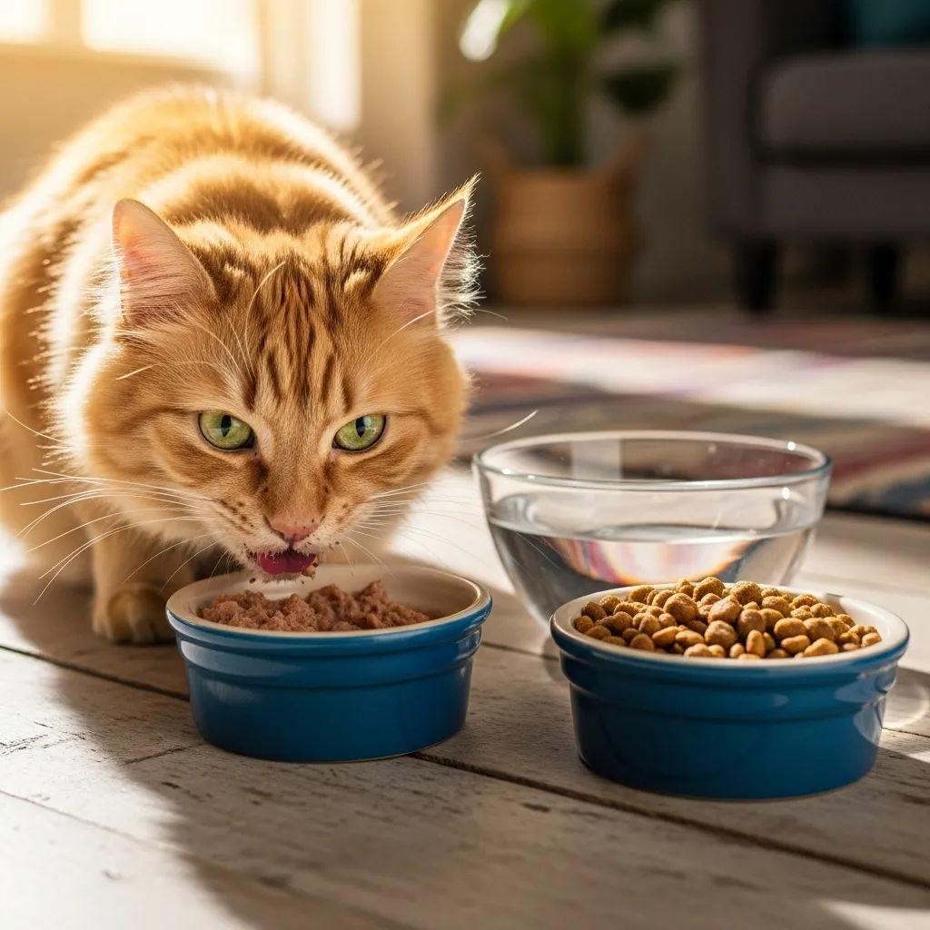 Cat enjoying a mix of wet and dry food for balanced hydration