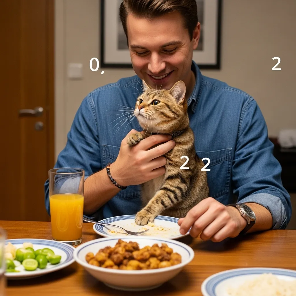 Adorable cat begging for table scraps, highlighting the temptation of sharing unsafe foods"