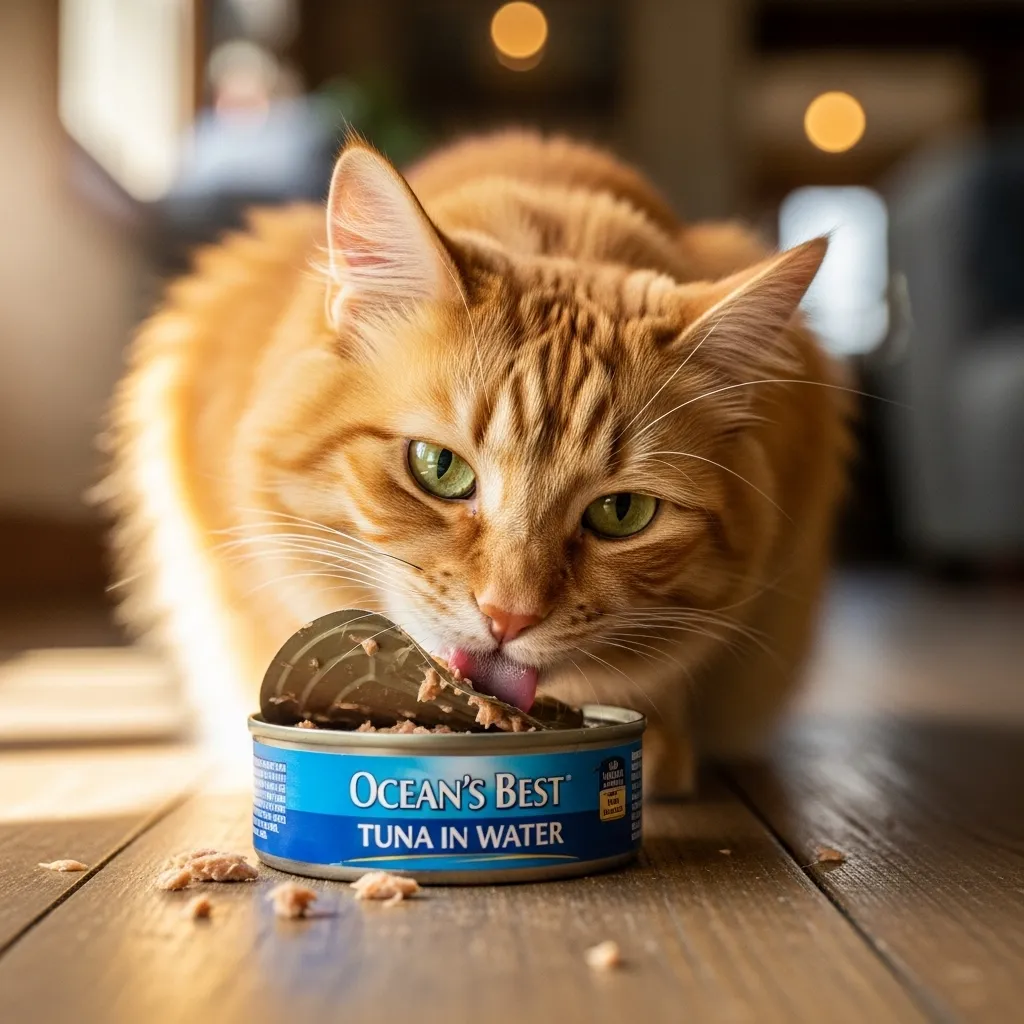 Cat enjoying tuna, a favorite but potentially unsafe treat due to mercury risks