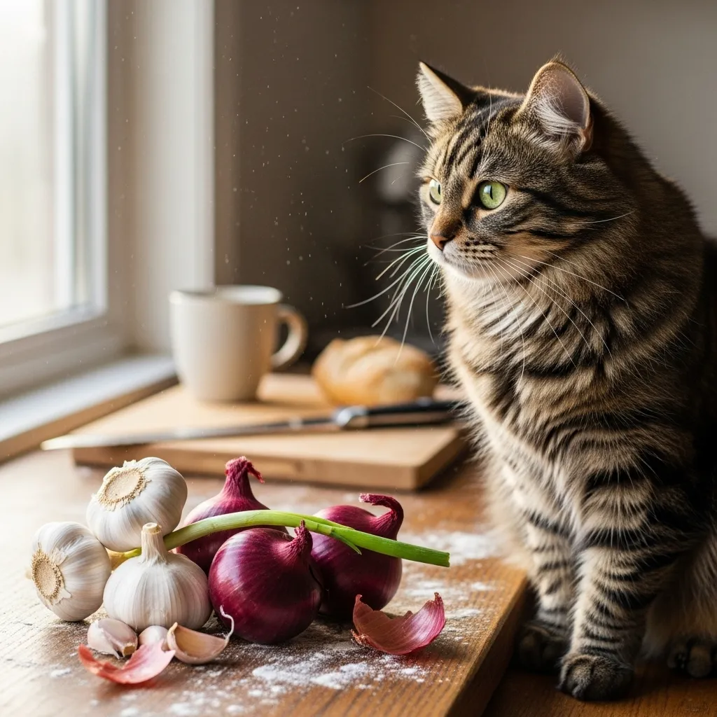 Curious cat near toxic onions and garlic on counter