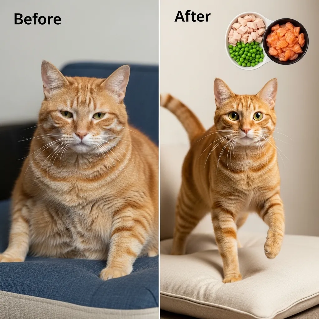 Cat transformation from low to high-quality protein diet.