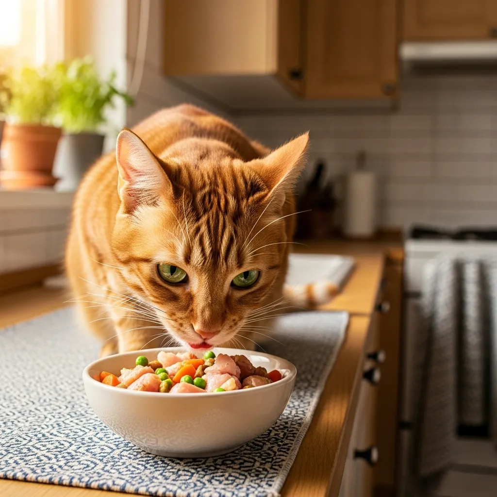 Healthy cat enjoying high-quality protein-rich meal.]