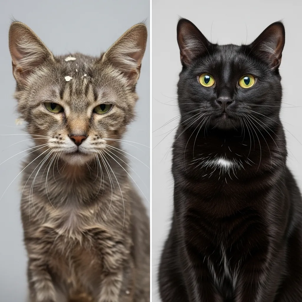 Before and after signs of diet change in cat coat health