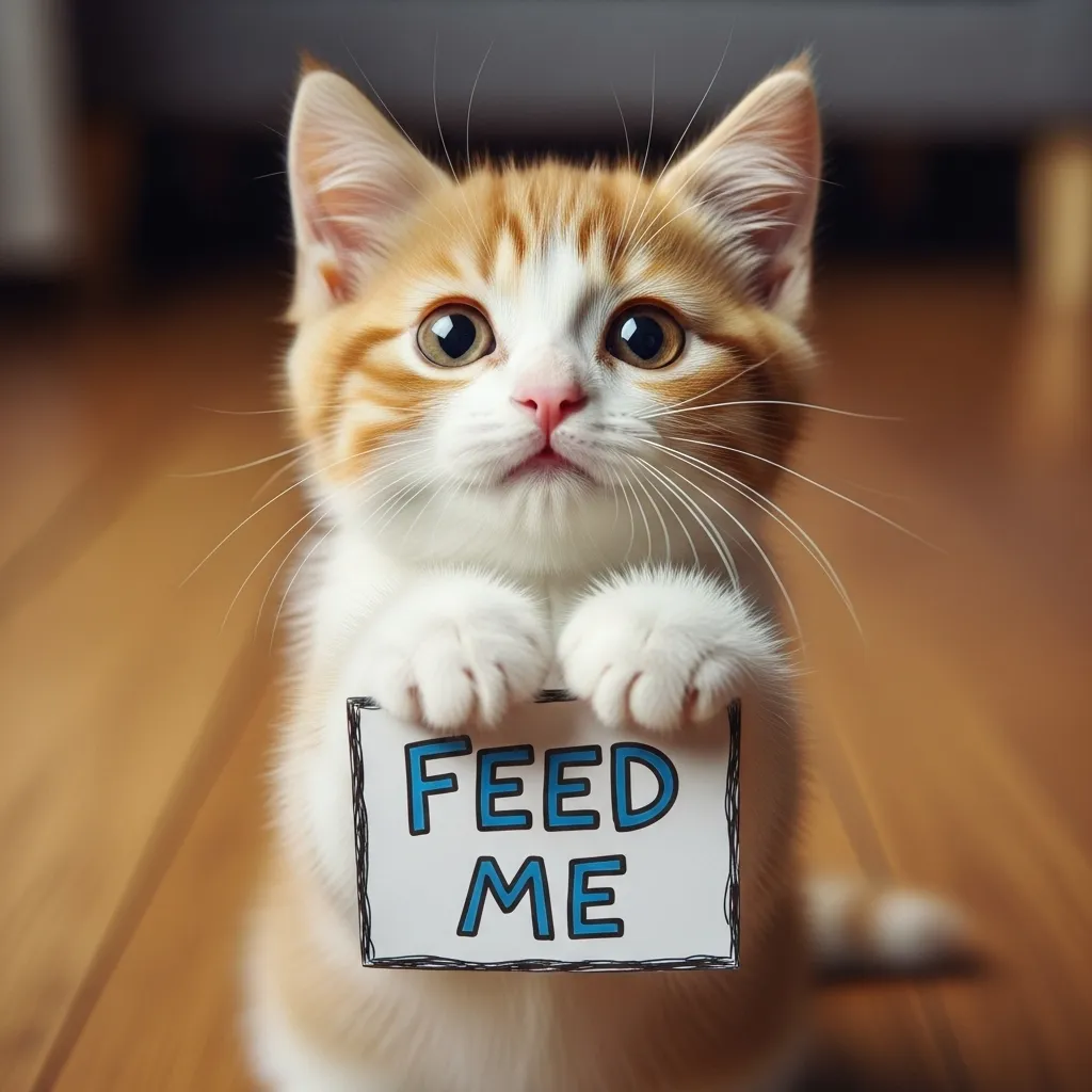 Cute cats with pleading eyes begging at a table or holding "feed me" signs.