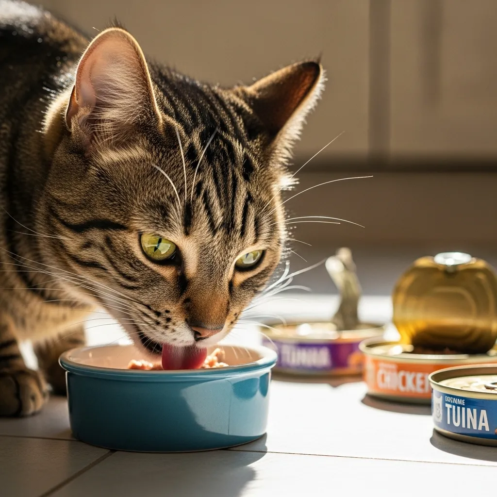 Cat enjoying a meal with variety of food options in background
