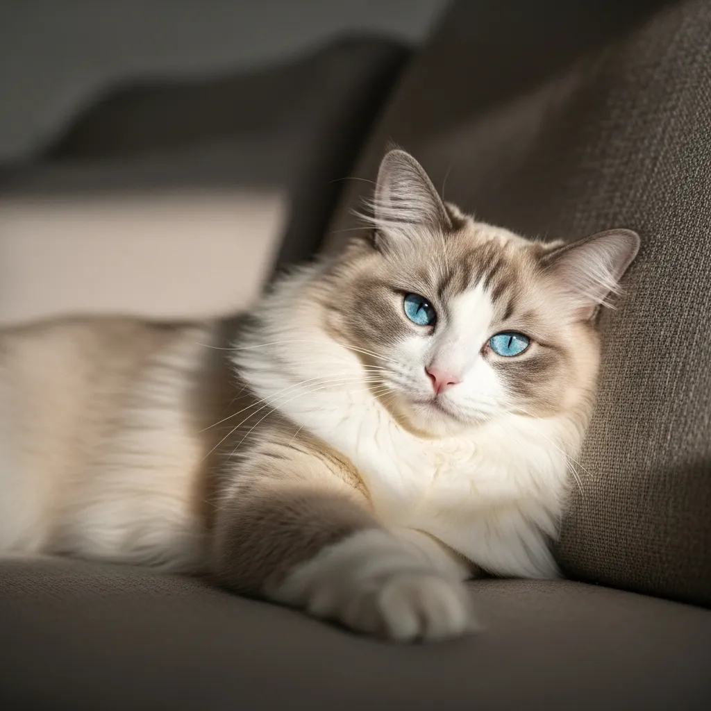 A Ragdoll cat melting into a couch, perfectly illustrating relaxed companionship. Homes 