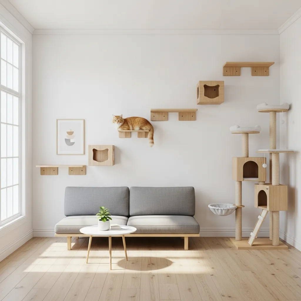 Clean minimalist living room with white walls, wooden cat wall shelves in a stepping pattern, and a sleek modern cat tree in natural wood tones. A cat lounging on a shelf.