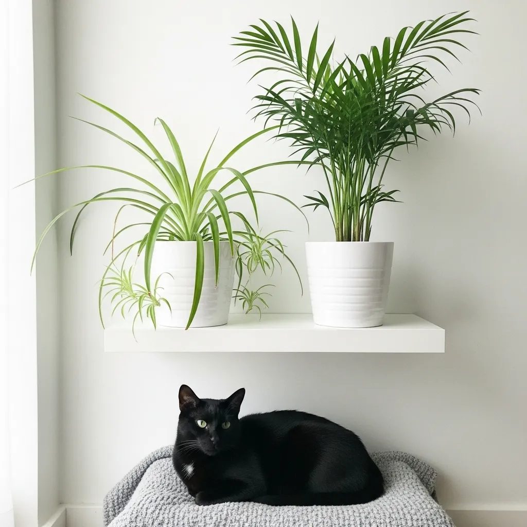 Cat-safe indoor plants like spider plants in sleek minimalist pots adding greenery to a pet-friendly home.