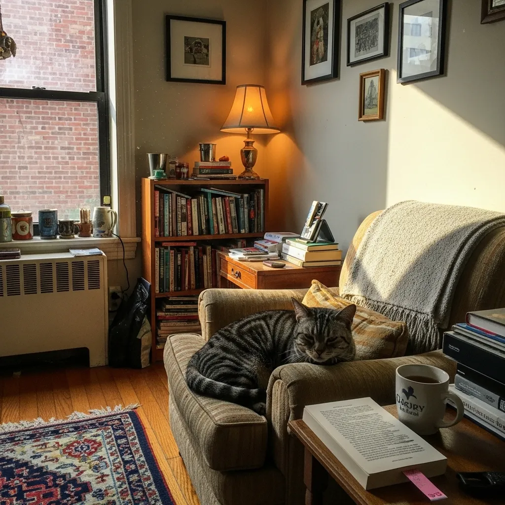 Content American Shorthair cat relaxing in a cozy apartment setting, showcasing adaptability for family life
