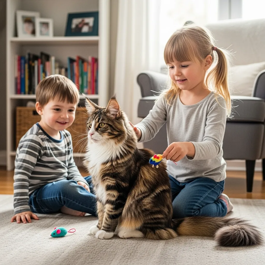 Maine Coon cat with family and children