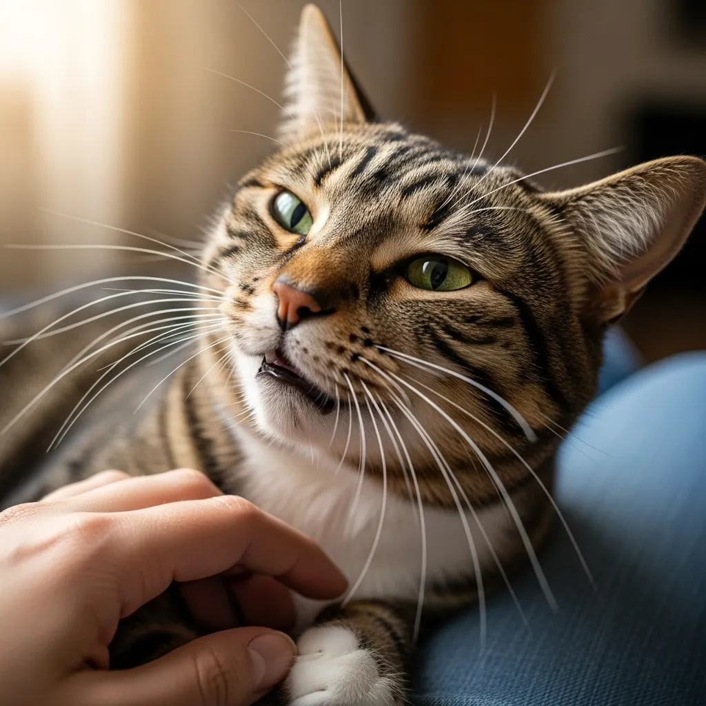 Cat purring contentedly on lap during a quiet therapeutic moment.