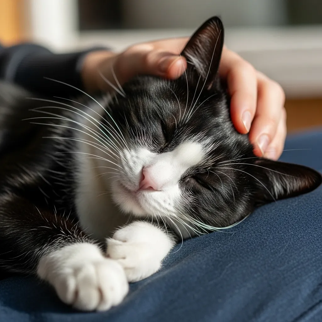 "Therapeutic moment of cat purring while stroked on owner's lap.