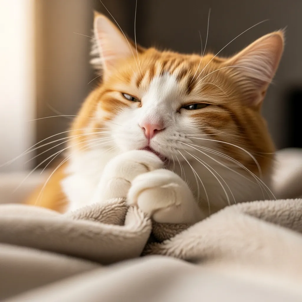 Cat kneading blanket in a therapeutic display of comfort.