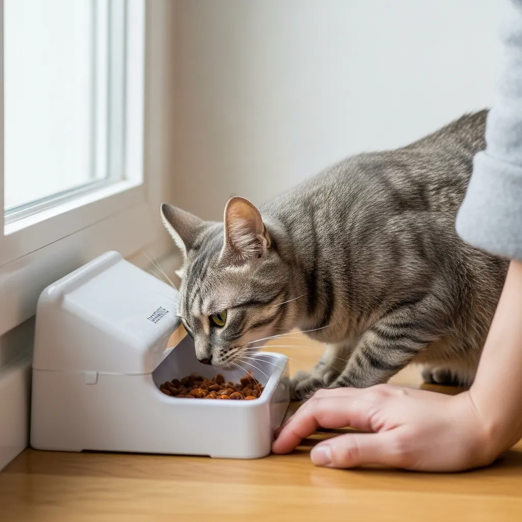 Cat establishing morning feeding routine, prompting consistent daily structure that reduces owner stress.