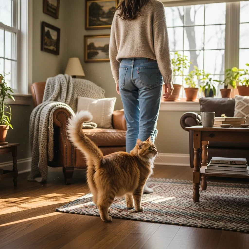 Cat following owner around the house indicating strong preference.