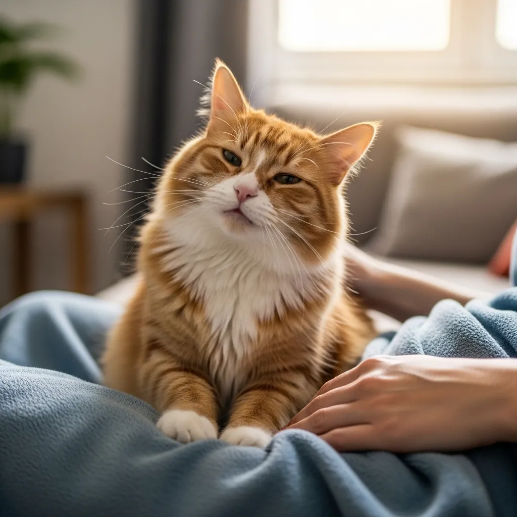 Cat kneading on owner's lap as a sign of preference.