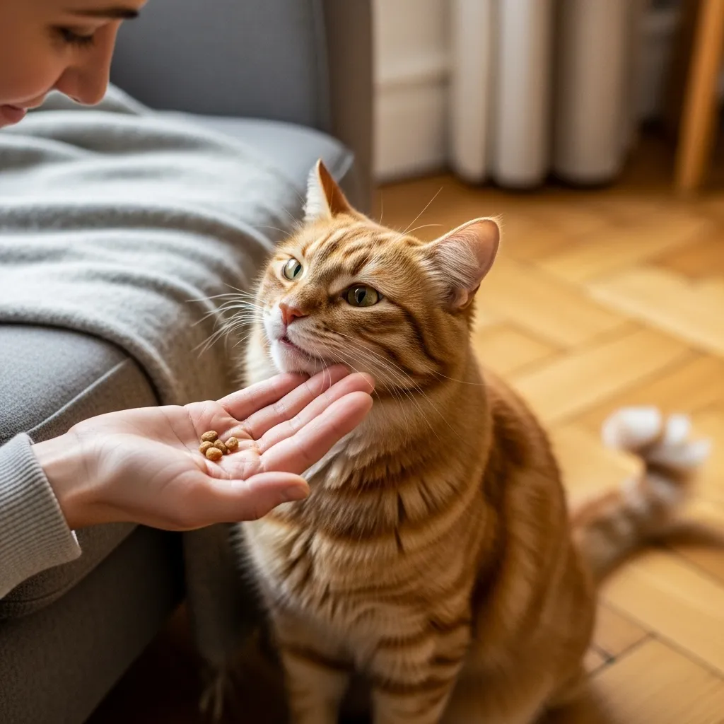Person feeding cat to build preference through care.