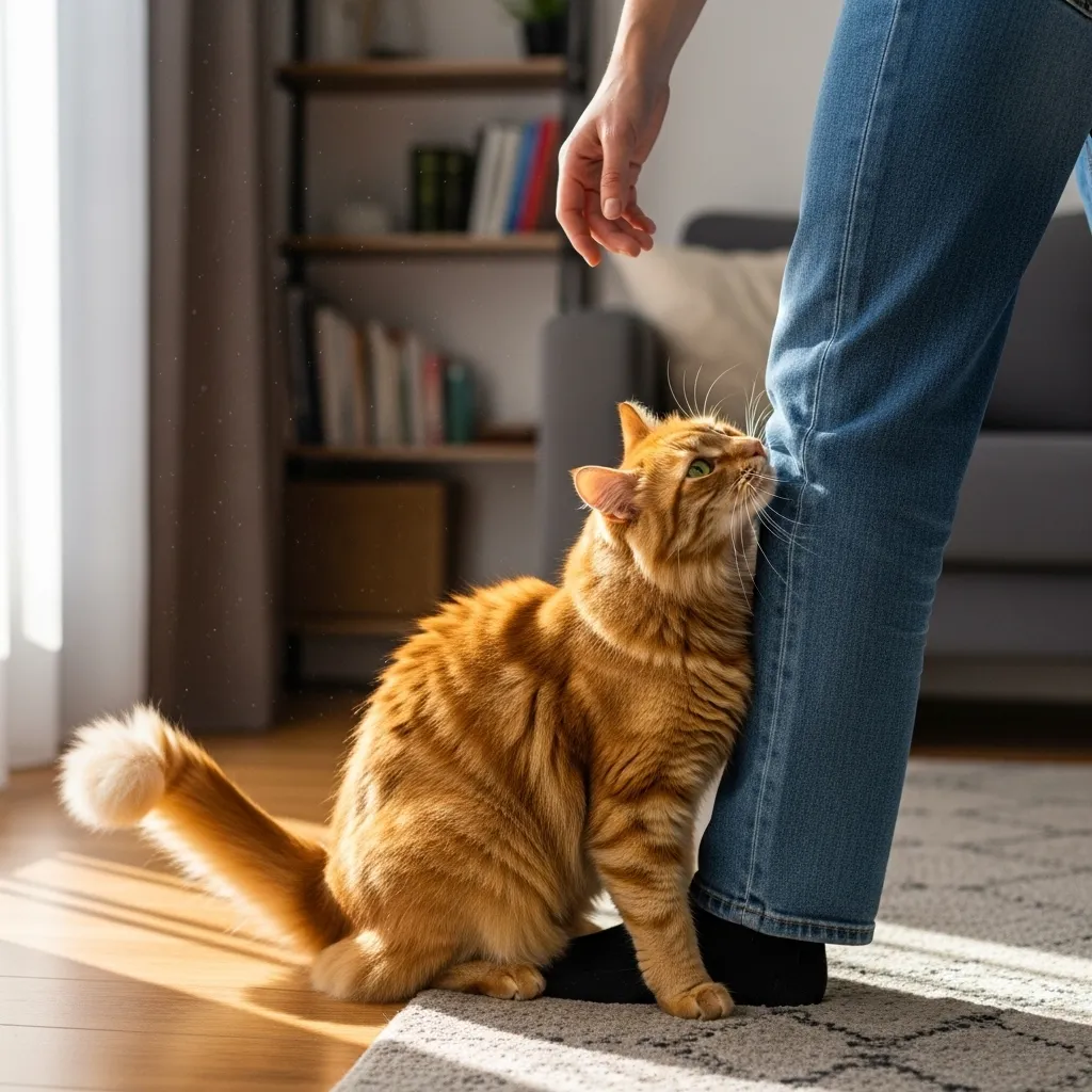Cat rubbing on owner's legs to show preference and bond.