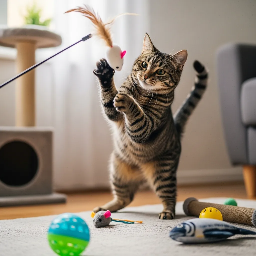 Cat playfully batting at a toy with confidence, showing it feels secure and happy at home.