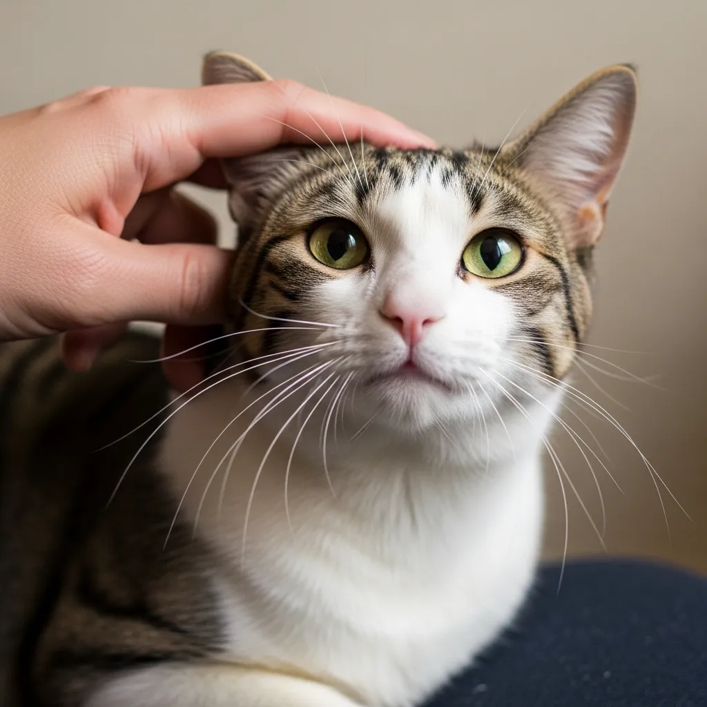 Cat purring contentedly while being gently petted, a clear sign of security.