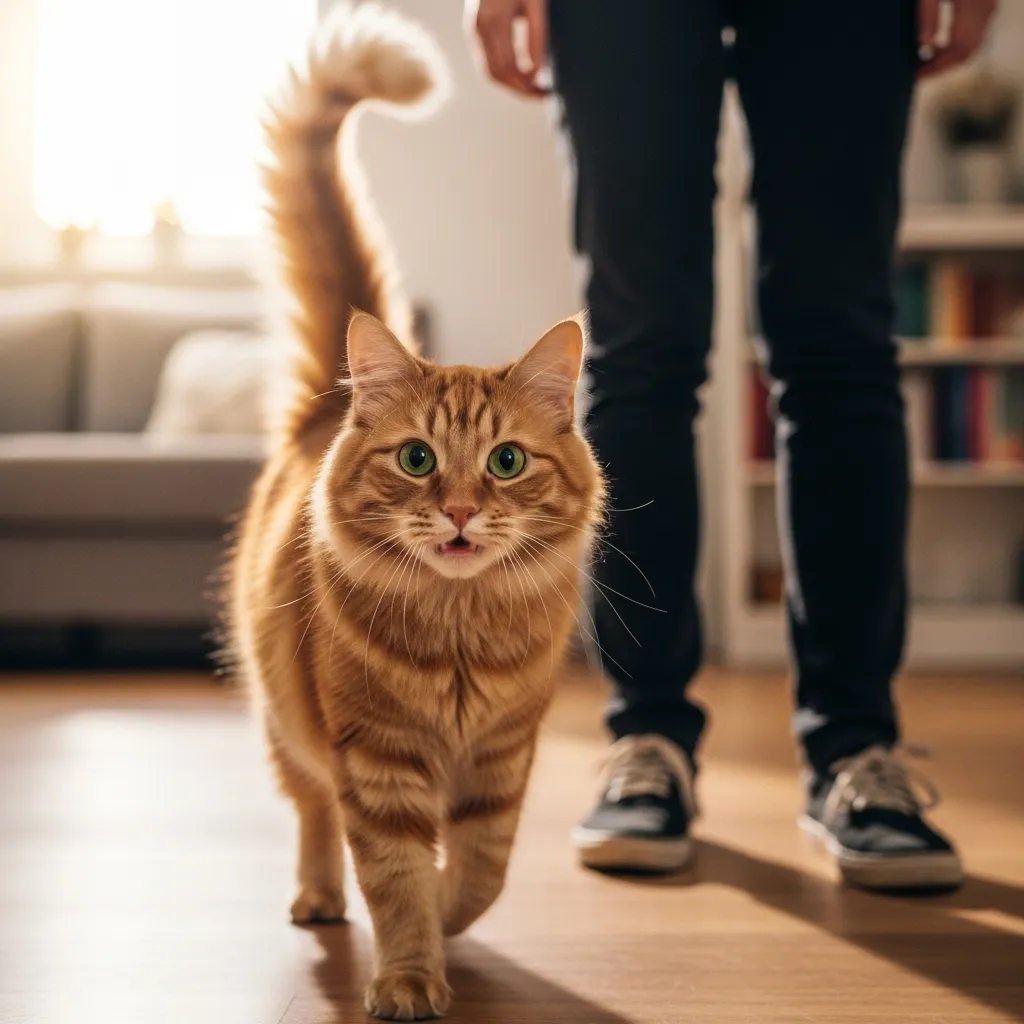 Cat approaching with tail held high, greeting its owner confidently.