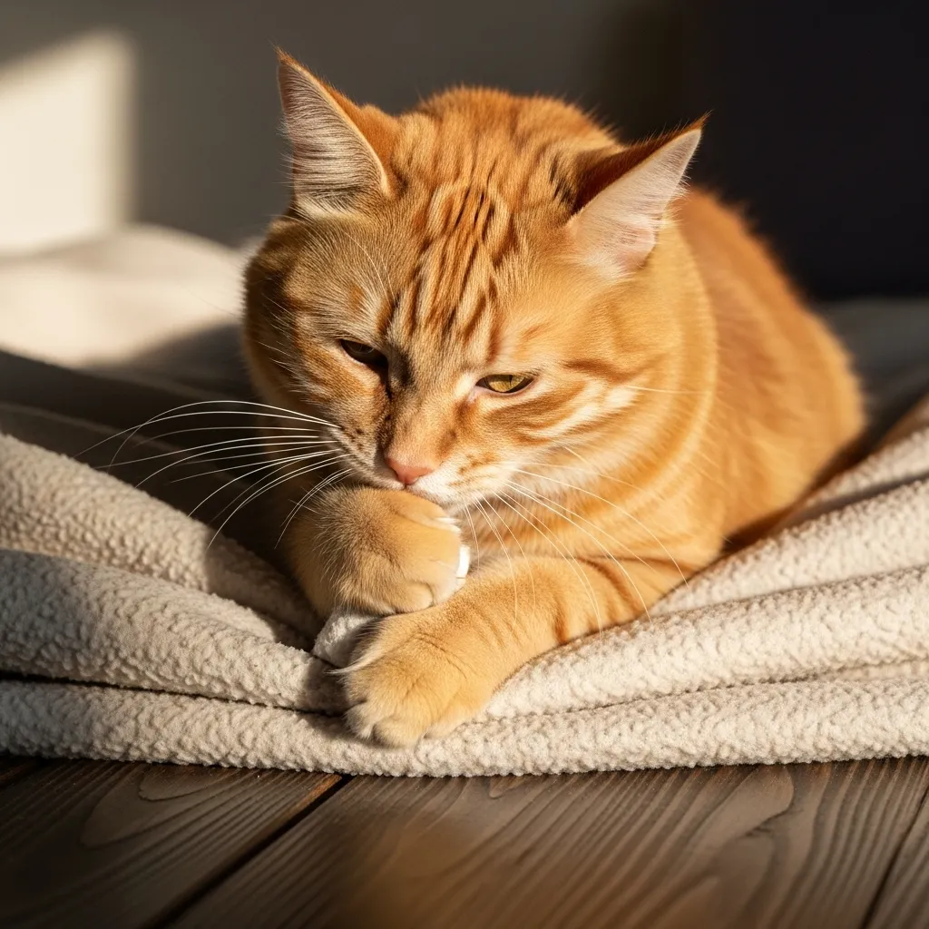 Cat kneading a soft blanket with its paws, a comforting sign of feeling secure at home.