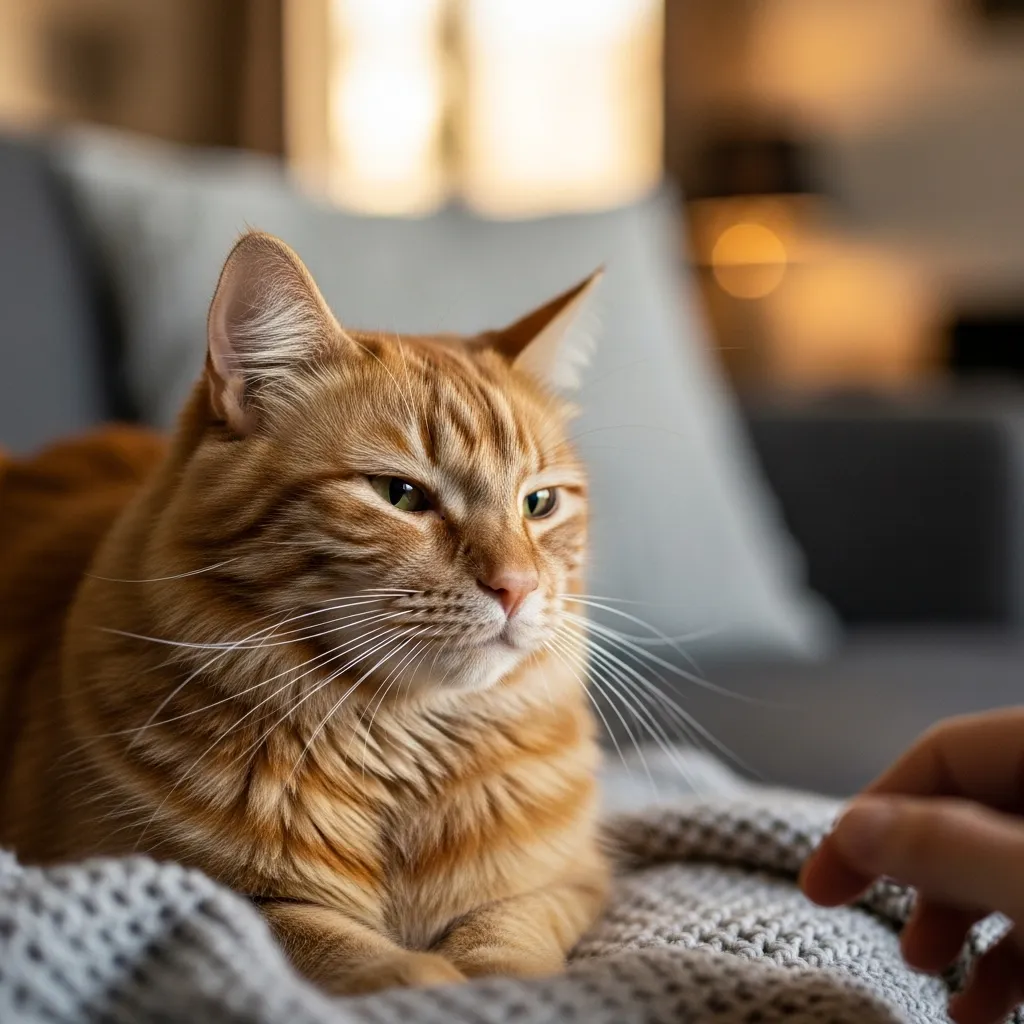 Cat slowly blinking while gazing at its owner, indicating deep trust and security.