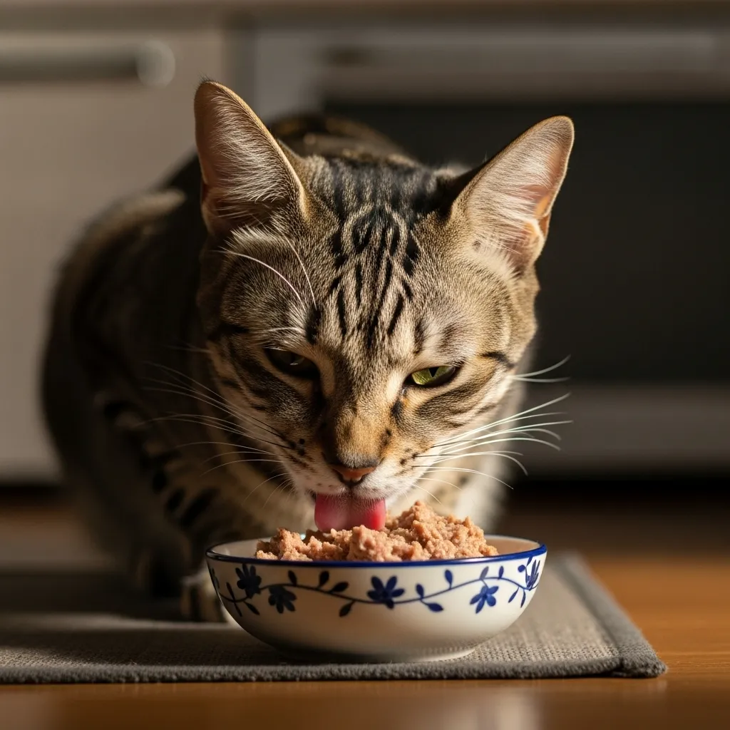  Adult cat savoring wet food from her dish.]