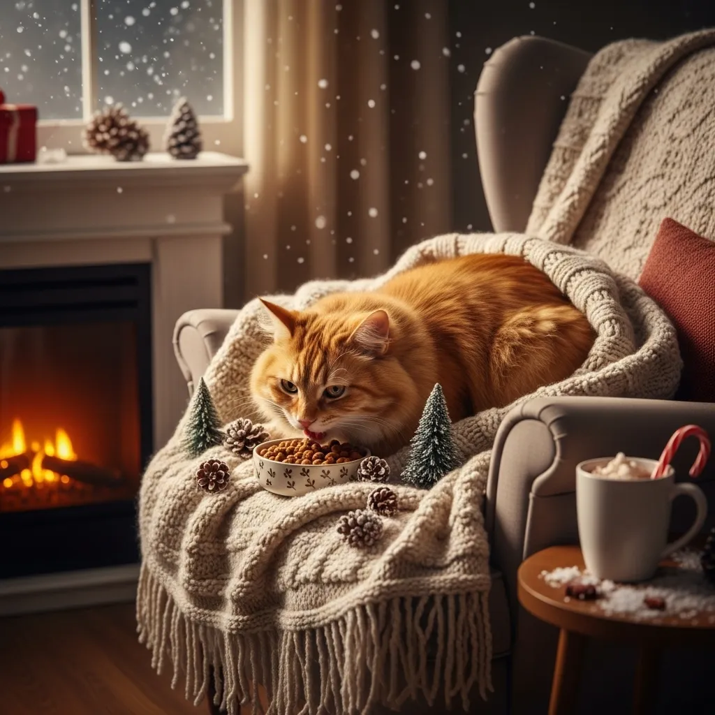  Cozy cat eating heartily by a window in winter