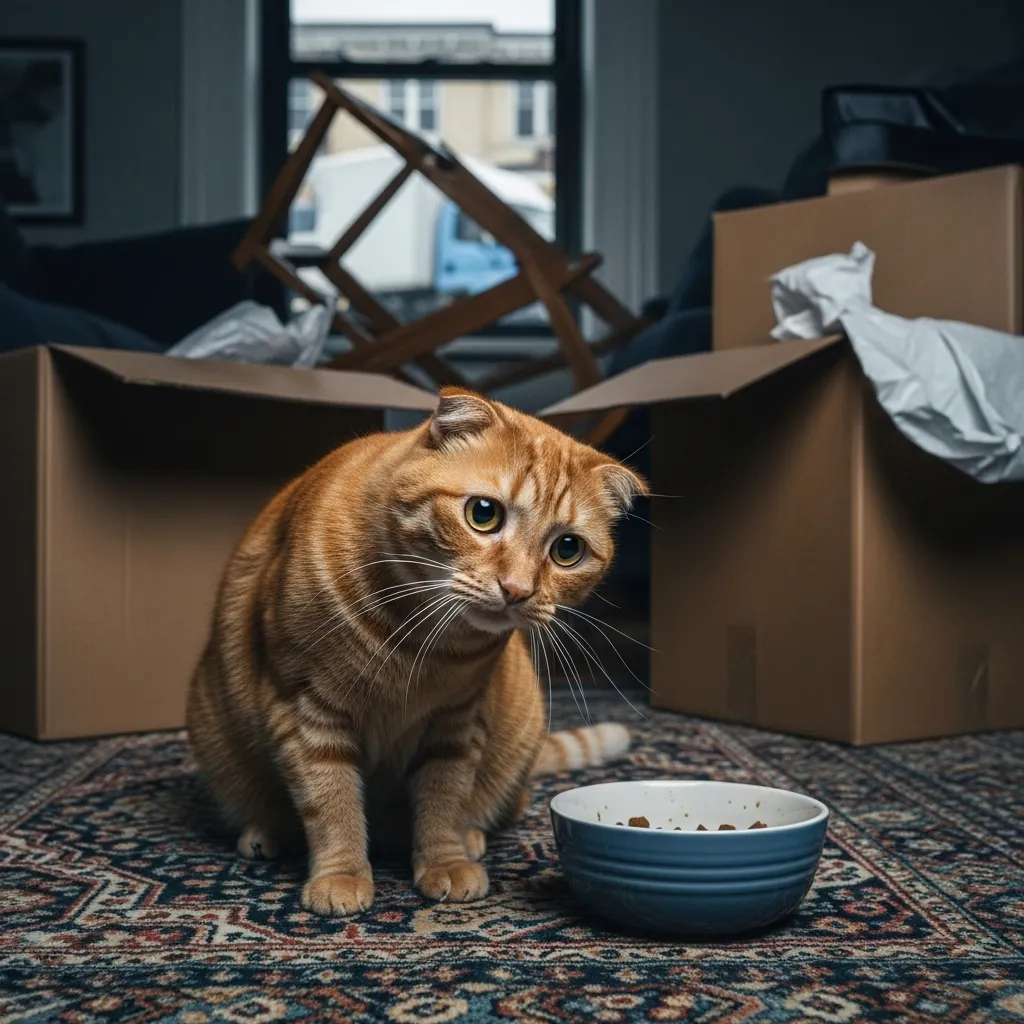 Stressed cat turning away from her food bowl