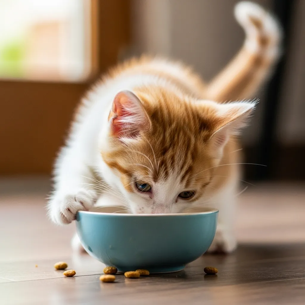 Energetic kitten enjoying a meal from her bowl.
