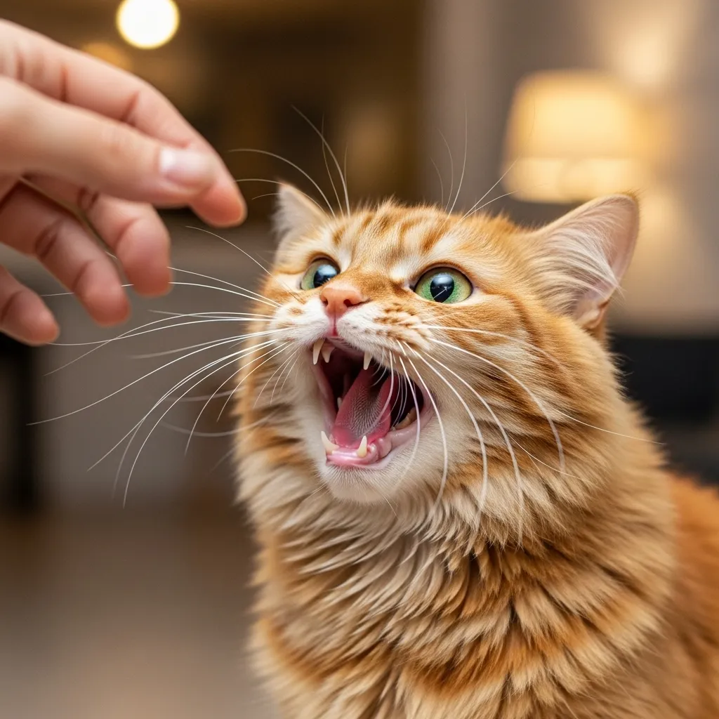 Stressed cat vocalizing loudly, a sign of potential anxiety from irregular feeding.
