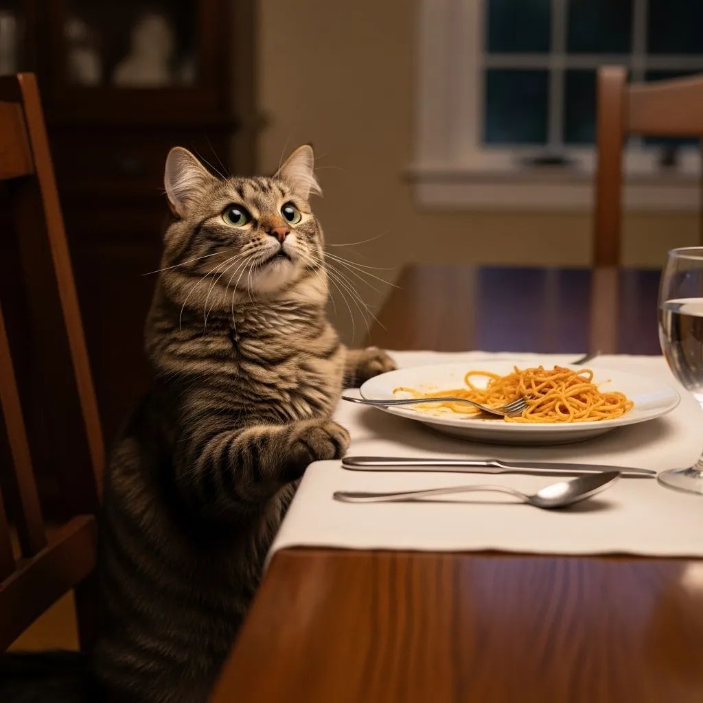 A tabby cat sitting at the table, gazing longingly at food, illustrating common begging behavior in food-motivated cats.