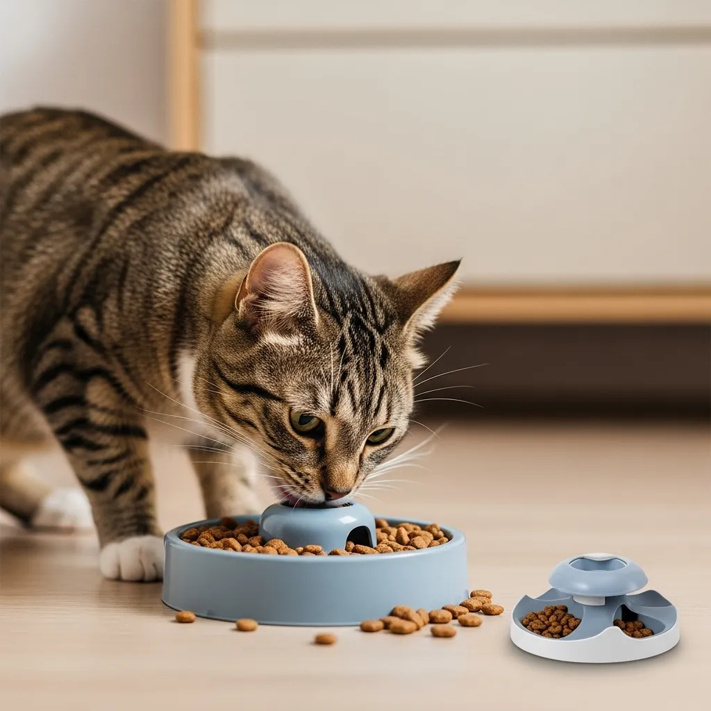 A cat pawing at a puzzle feeder, showing how these tools satisfy food-motivated instincts mentally