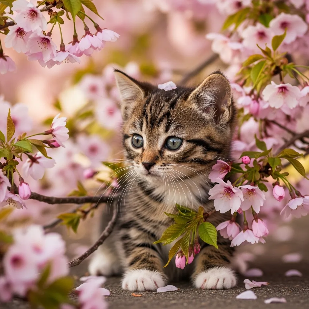 Graceful tabby cat beneath blooming cherry blossoms in spring.