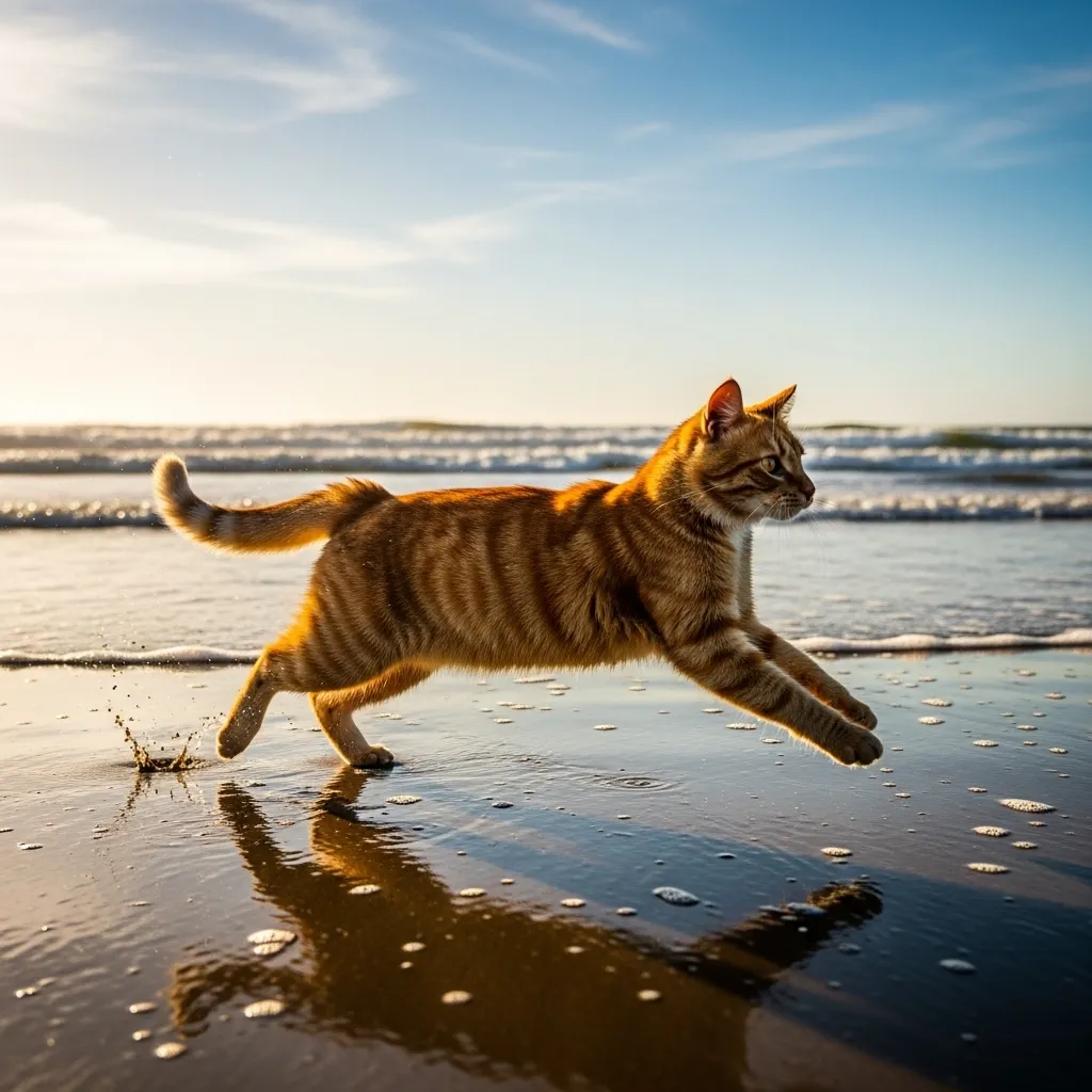  Playful ginger cat enjoying ocean waves in summer.
