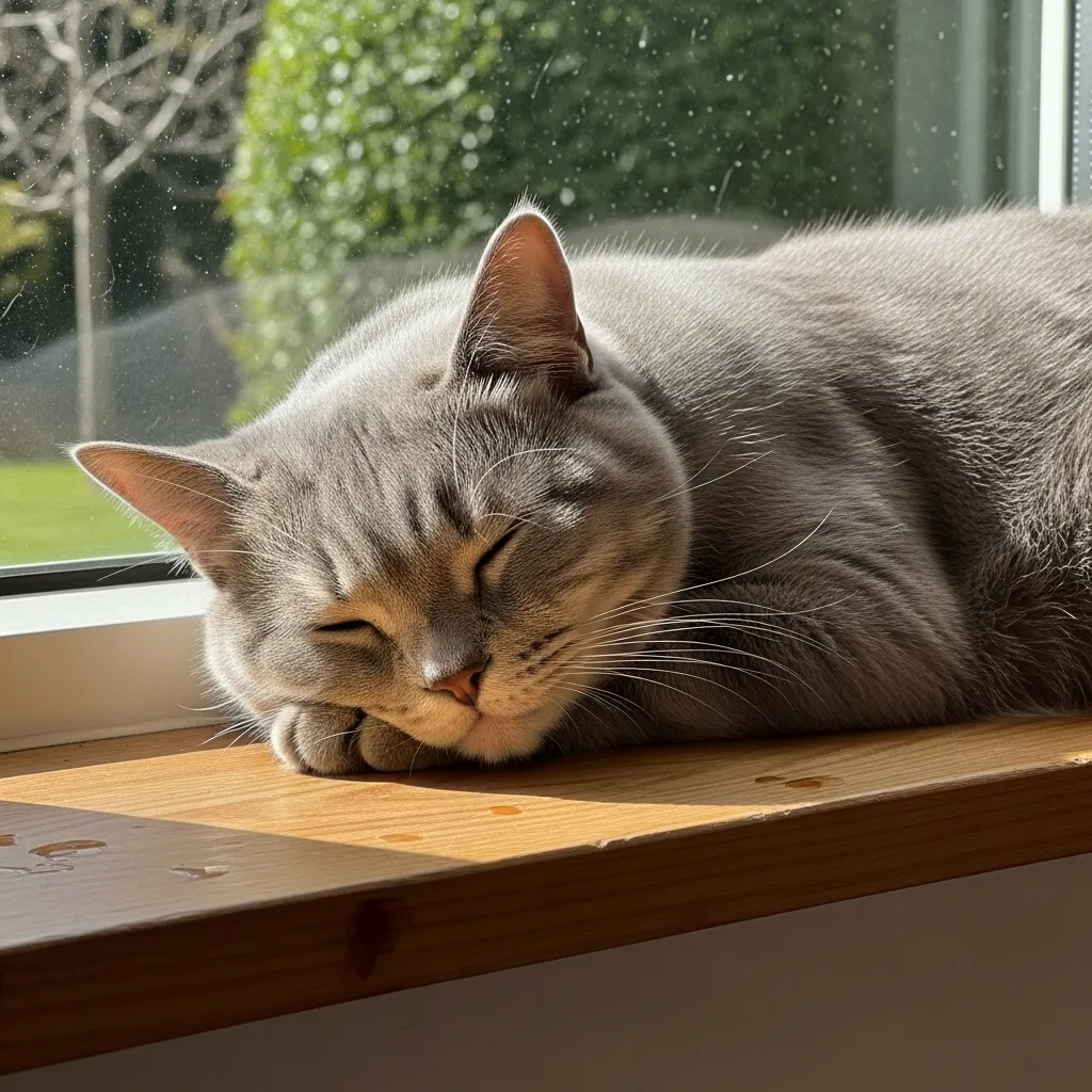A British Shorthair basking calmly in window light, turning the space into a cozy nook.