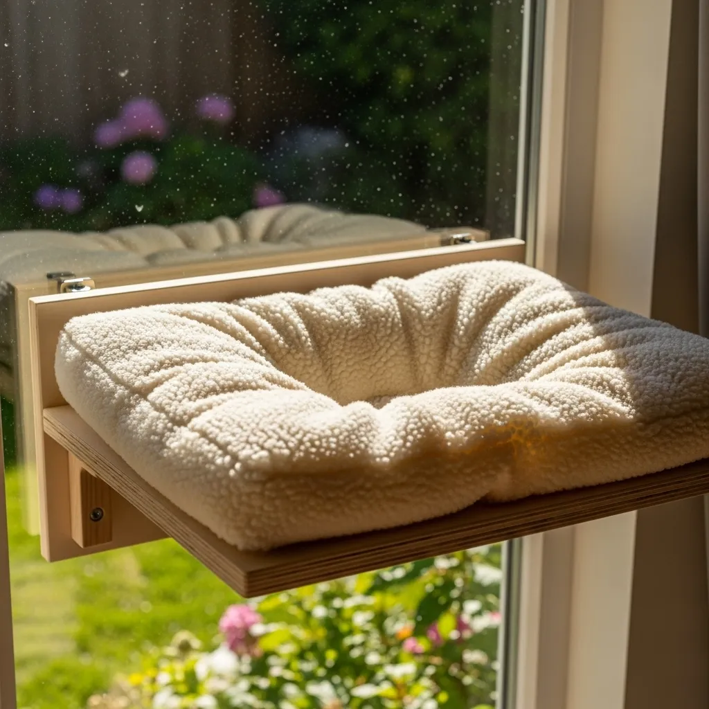  Aesthetic cat window perch with soft bedding in bright natural light.