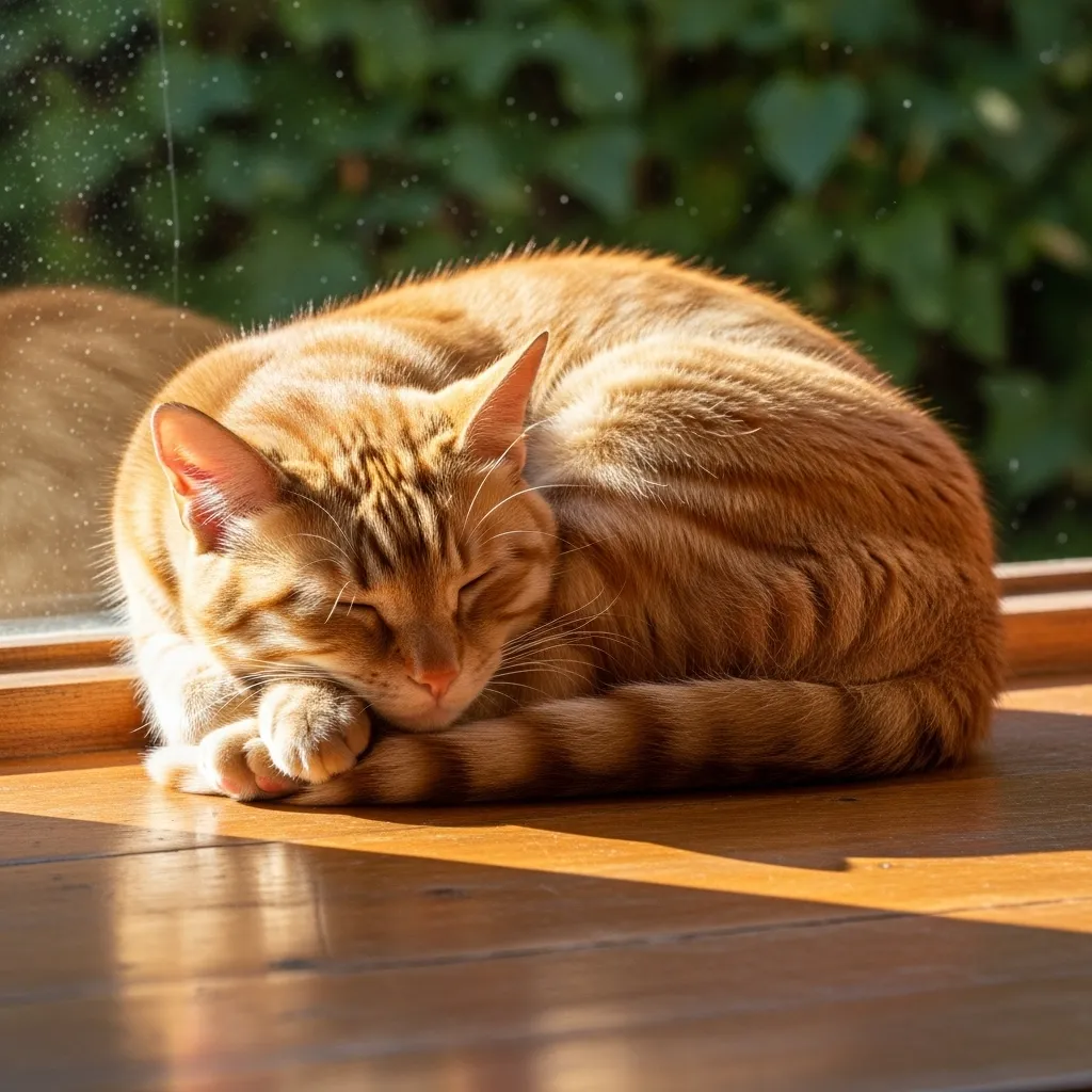 Ginger cat napping peacefully in sunbeam on windowsill, embodying restful slow living.