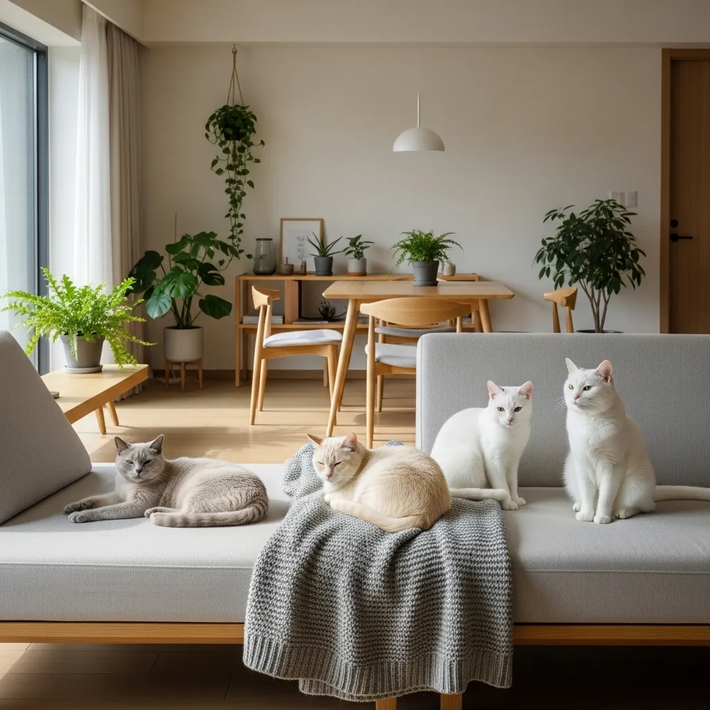 Cats with soft minimal names relaxing in a serene home.