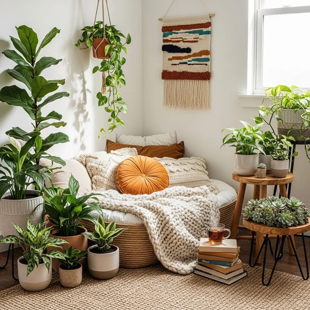 Inviting cat corner nook with woven basket bed surrounded by cat-safe plants.
