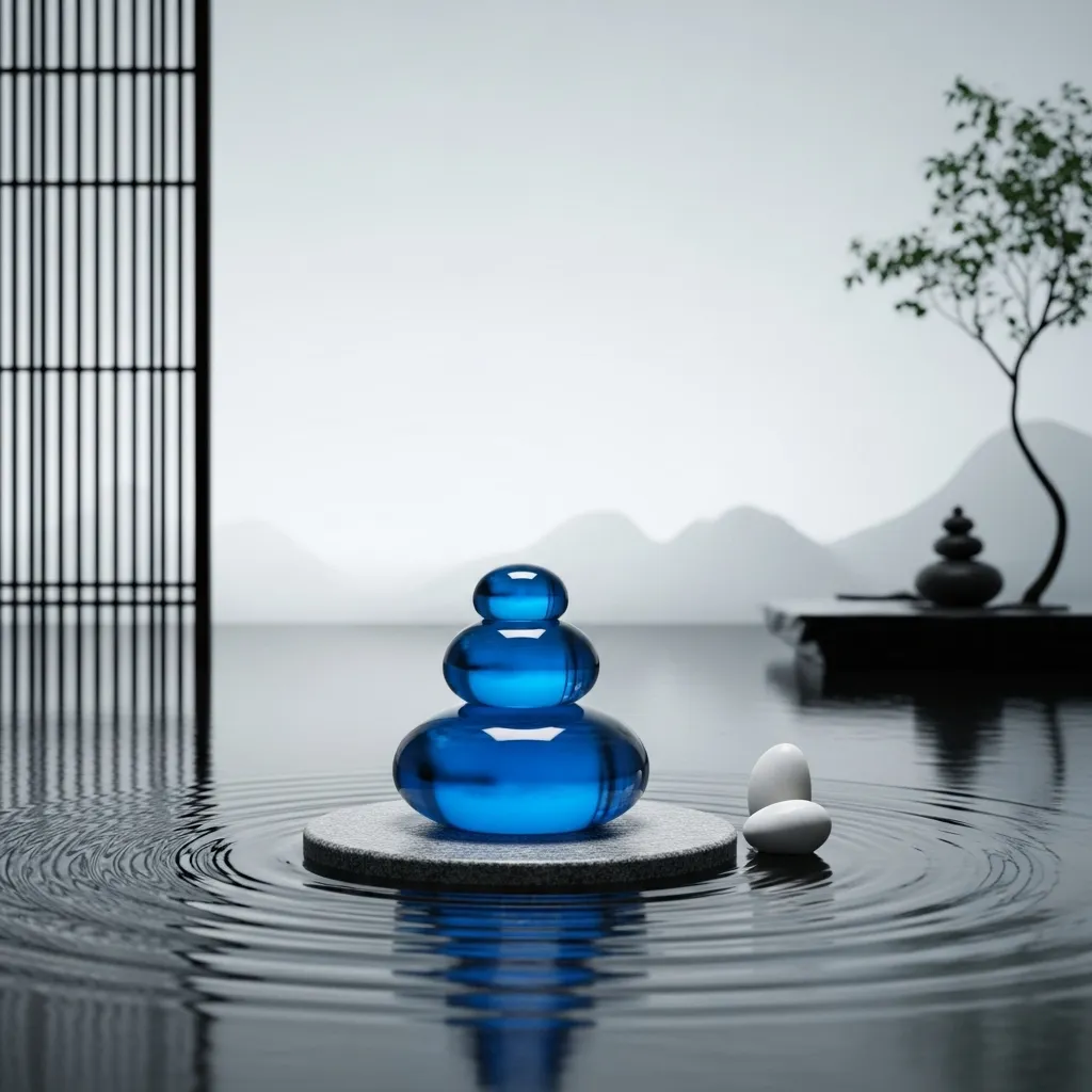  Elegant Russian Blue cat in a serene, minimalist environment, evoking peace and balance.