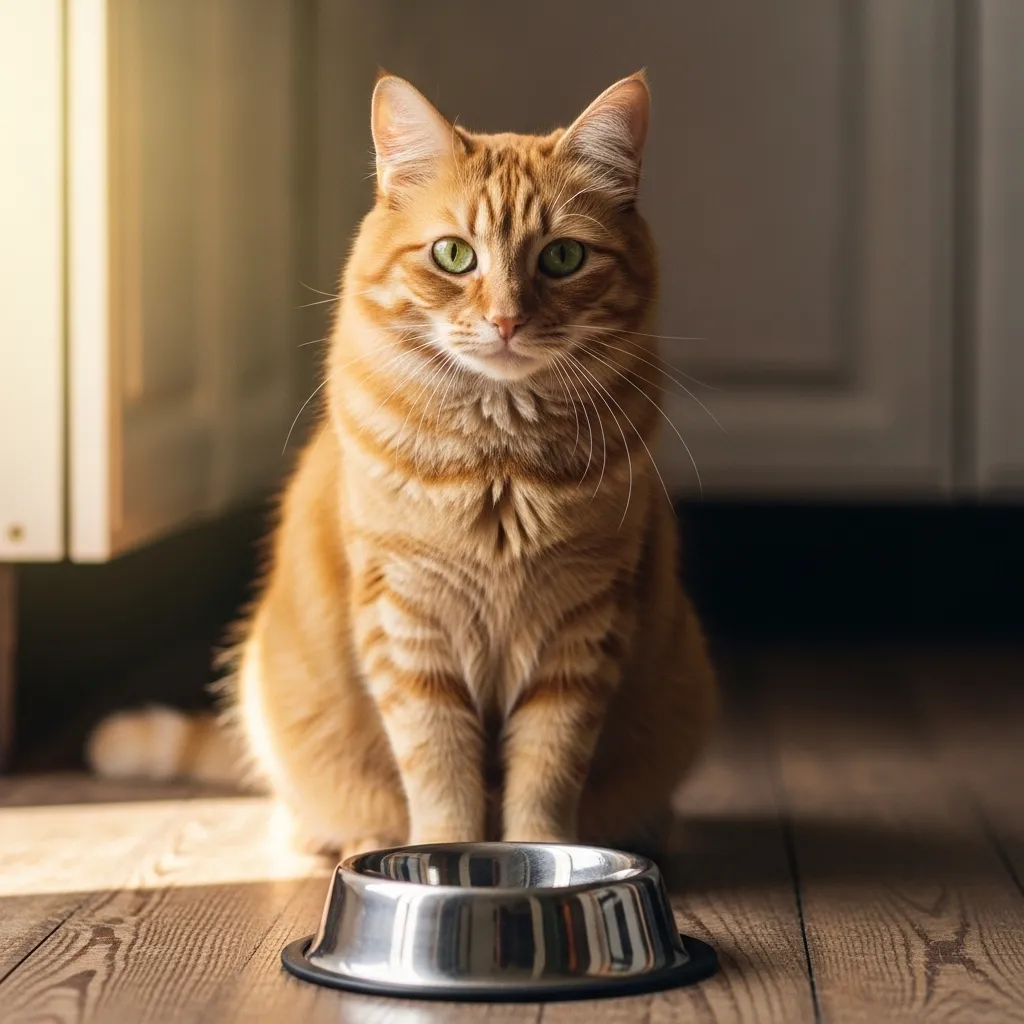 Cat waiting patiently by empty bowl, showing anticipatory behavior common with scheduled feeding.