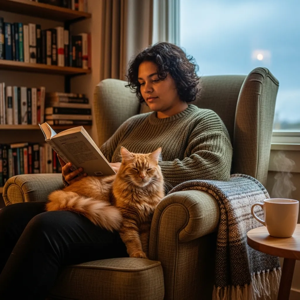 A relaxed moment of reading with a cat curled on your lap, capturing true home comfort.