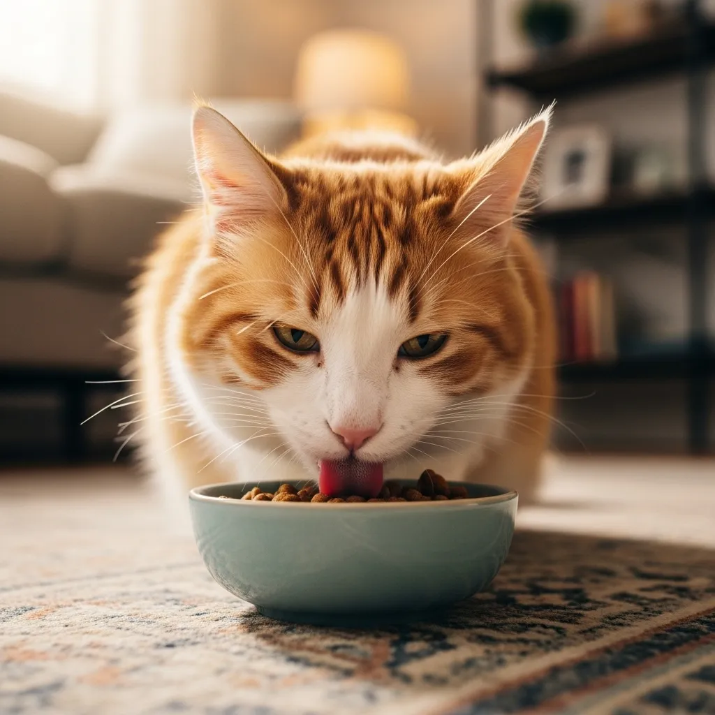  Relaxed cat enjoying a meal, illustrating positive mood from proper feeding schedule.