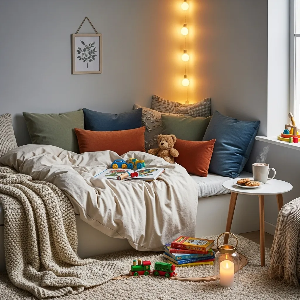Cozy cat nook in home corner featuring plush bed, scattered toys, and warm ambient light.
